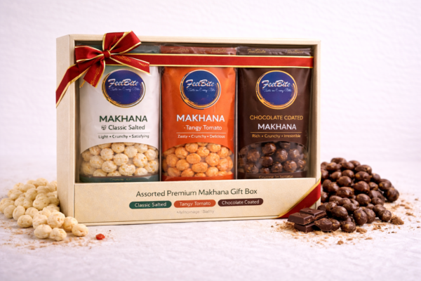 feelbite assorted premium makhana gift box (classic salted | tangy tomato | chocolate coated)